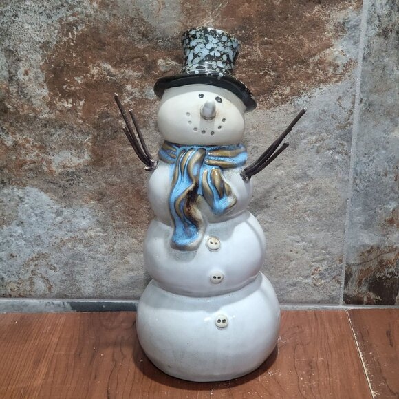 Blue Ceramic Snowman Wood Stick Arms Glazed 12 Inch Tall Christmas Decor - Picture 1 of 12